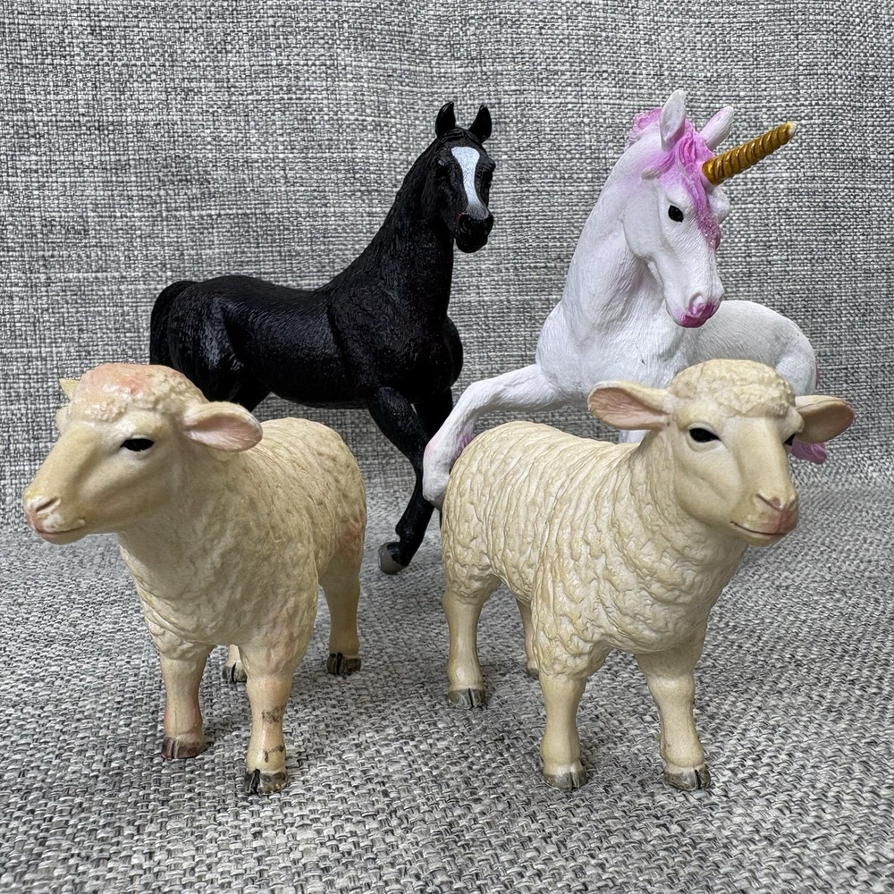 Mojo Fun Animal Figurine Lot Unicorn Black Horse and Sheep 4 Piece Set 2010-2014